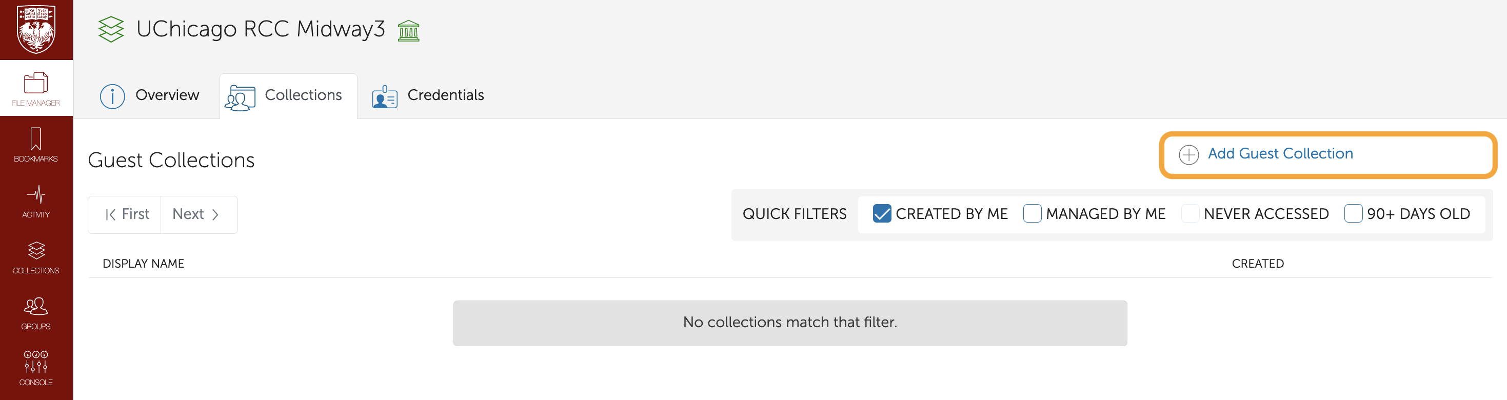 Globus File Manager open to the Collections tab with the Add Guest Collection button highlighted.
