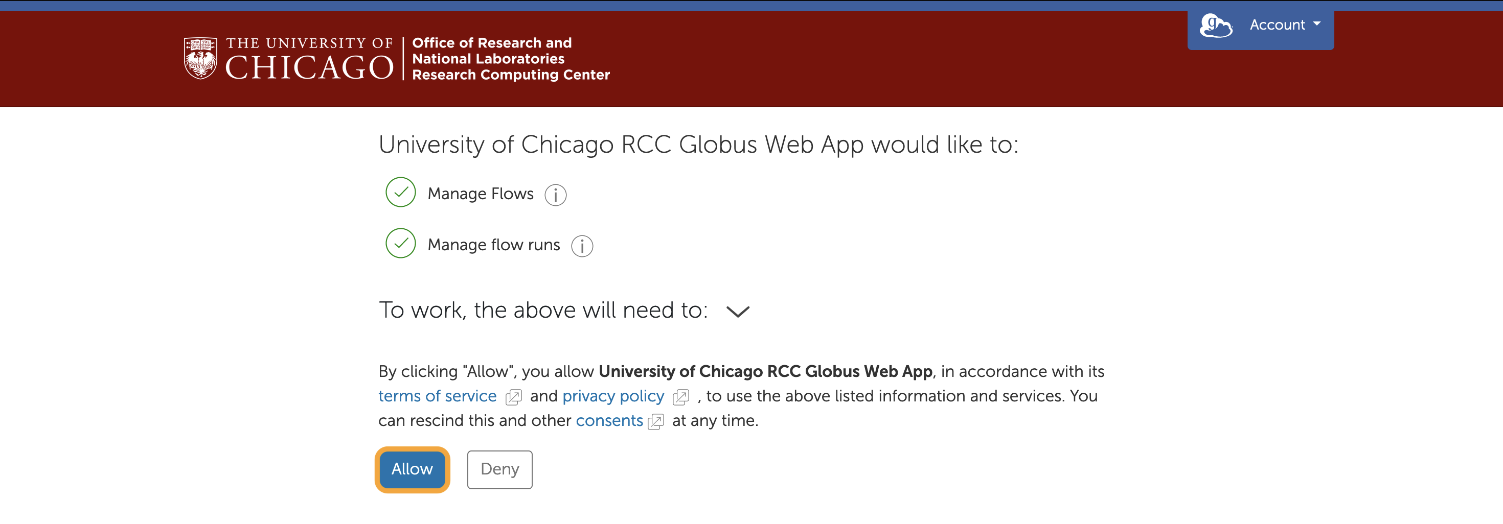 Web page titled "University of Chicago RCC Globus Web App would like to Manage Flows" with "Allow" highlighted.