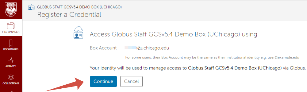 Web page titled "Identity Required" with "Link to an identity from Globus Staff" highlighted.