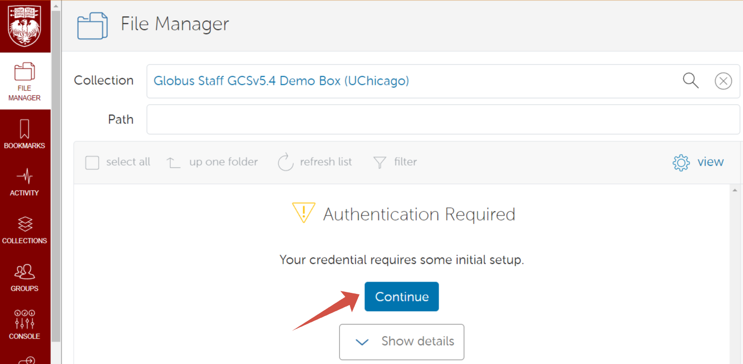 Globus File Manager with "Globus Staff GCSv5.4 Demo Box (UChicago) endpoint" typed into the Collection search bar and an "Authentication/Consent Required" message.