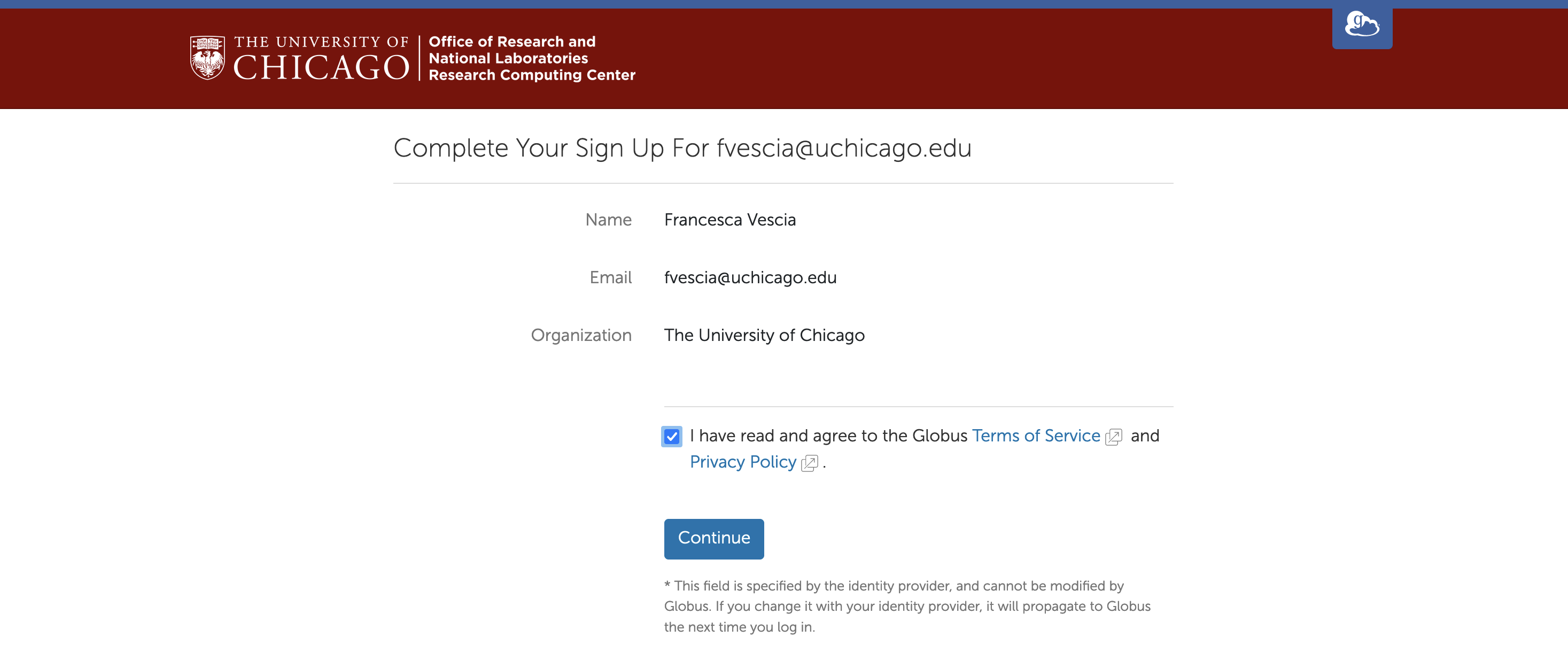 A webpage that says "Complete Your Sign Up". The box indicating the user has agreed to the Terms of Service and Privacy Policy is checked.
