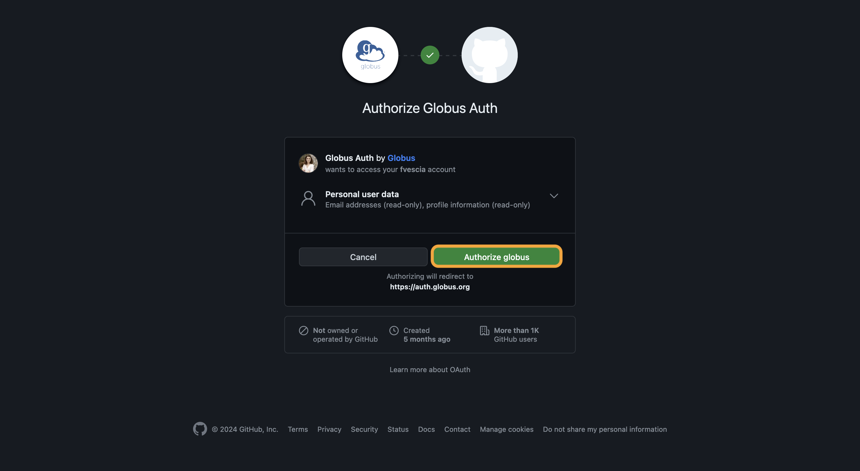GitHub open to Authorize Globus Auth with Authorize globus highlighted.
