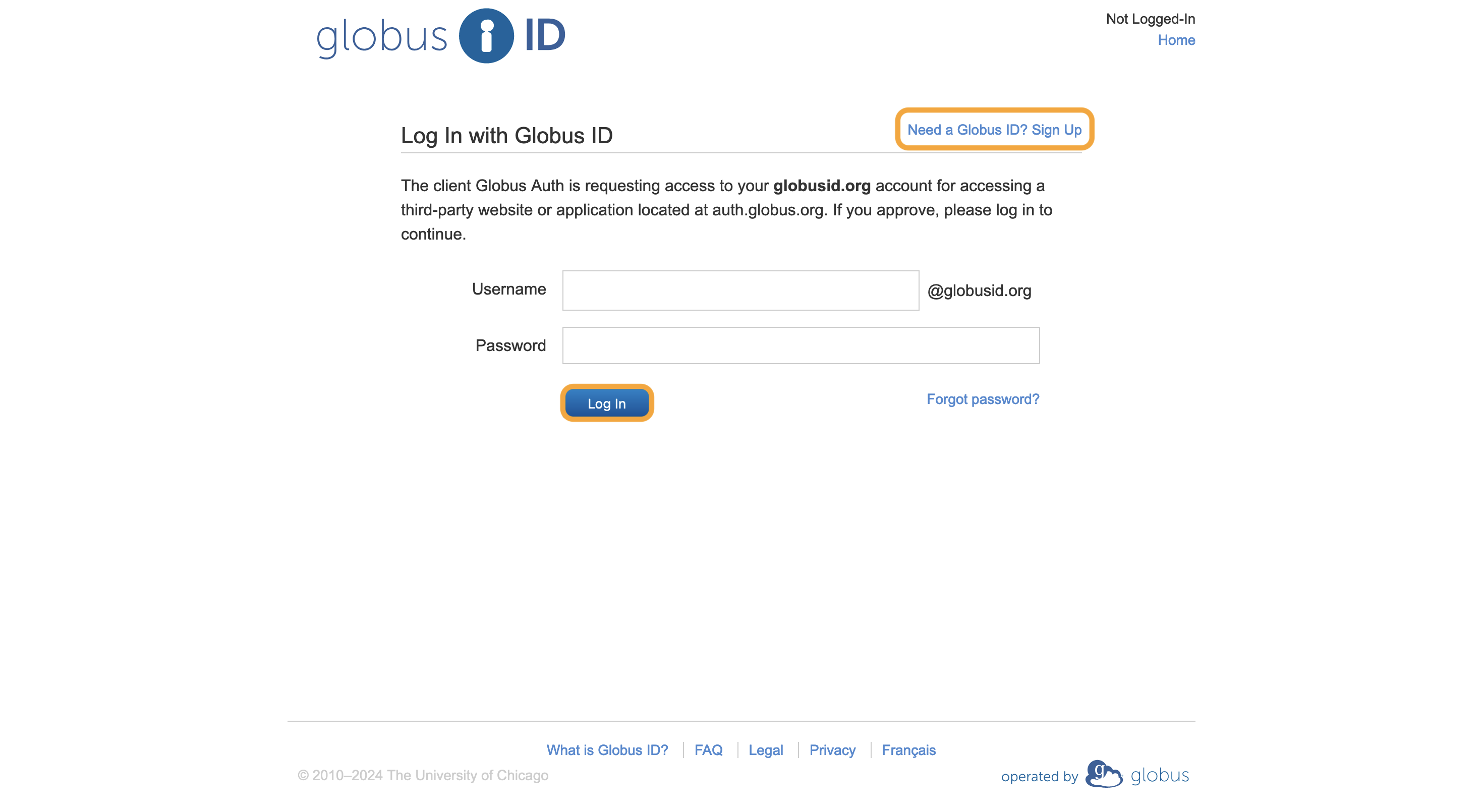 Globus ID login page with the Log In button and "Need a Globus ID? Sign Up" highlighted.