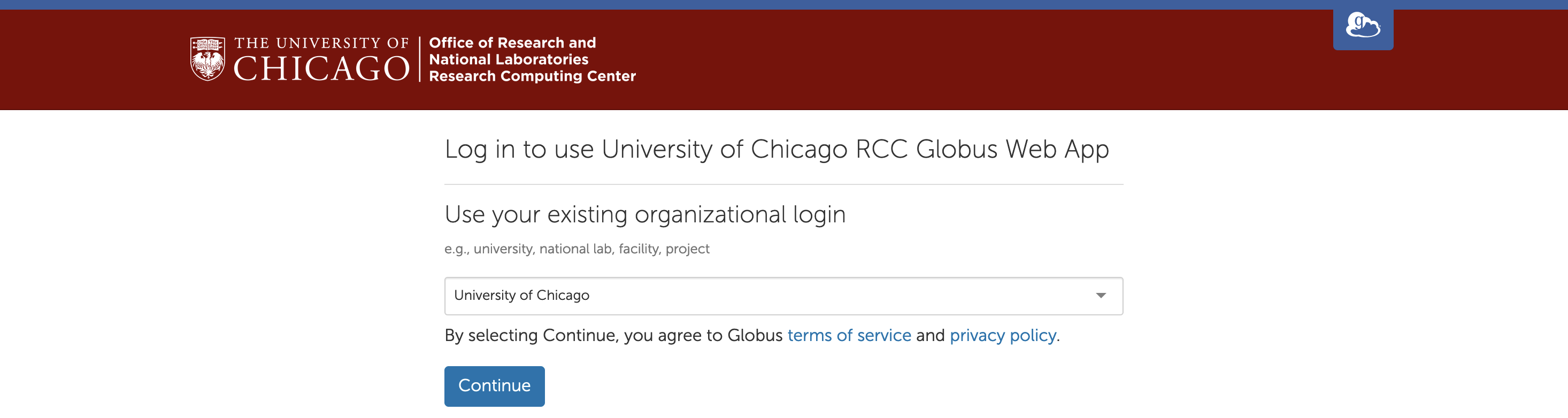 The University of Chicago Globus landing page. "University of Chicago" is selected from the drop-down menu.