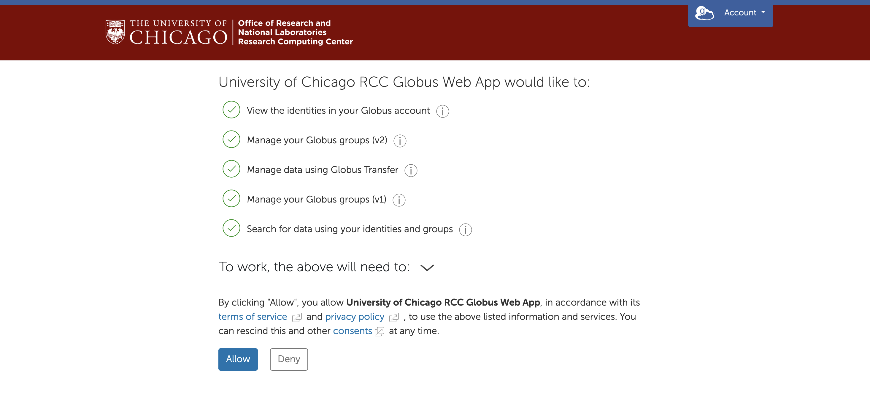 A list of permissions requested by the RCC Globus web app with options to allow or deny.